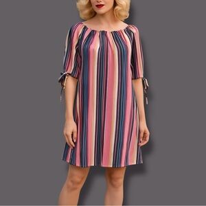 W WRAPPER | Pink Multi Color Striped 3/4  Sleeves Pleated Above
Knee Shift Dress